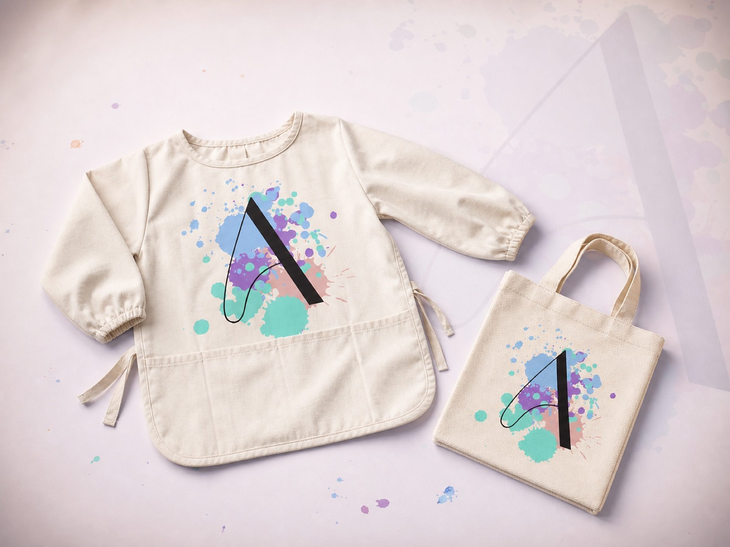 An empty kids' art apron and a matching tote, both stamped with the mark — the wearable side of the brand.