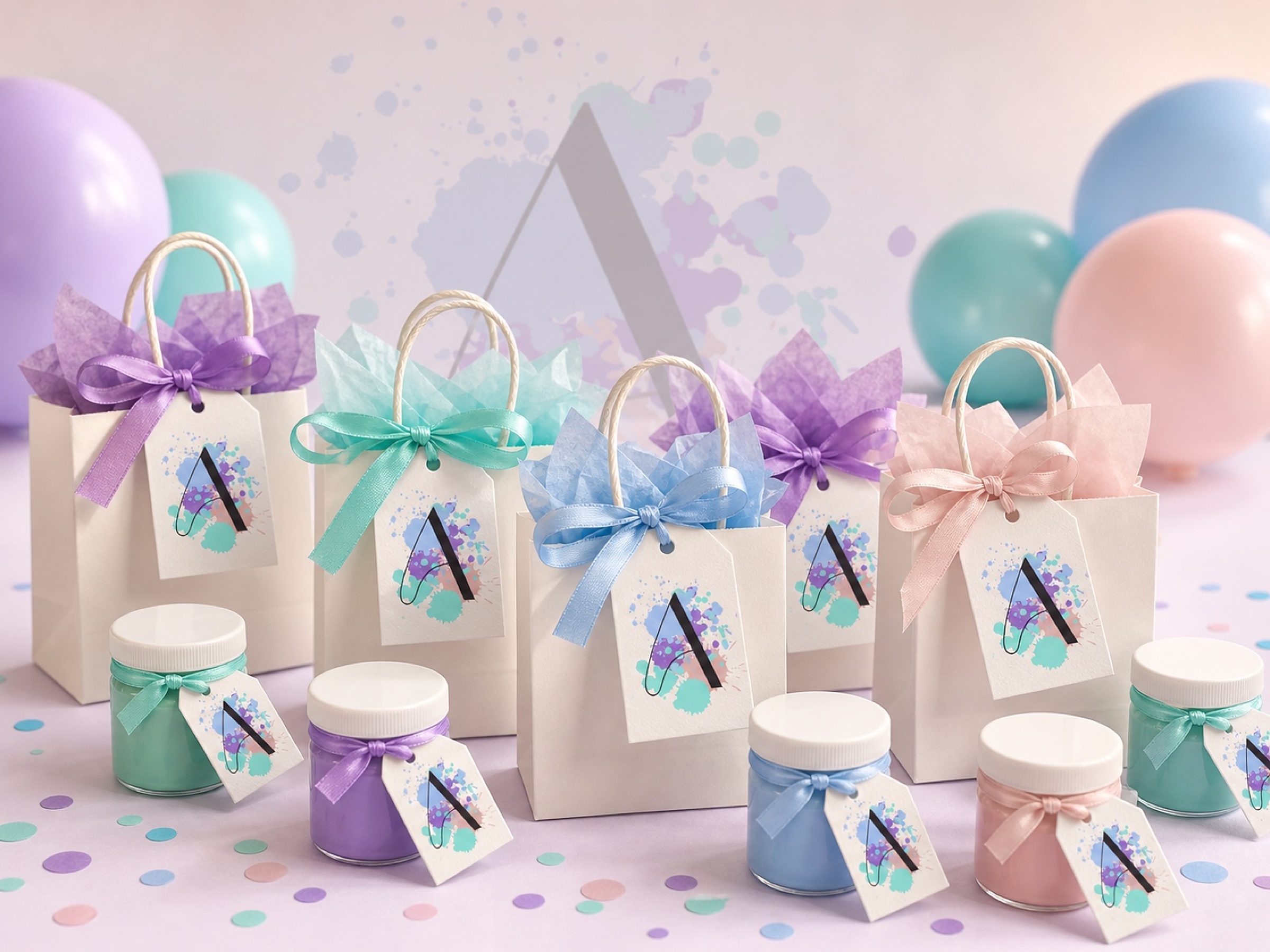 Party favour bags and paint-jar favours, each one tagged with the mark — what a guest actually takes home.