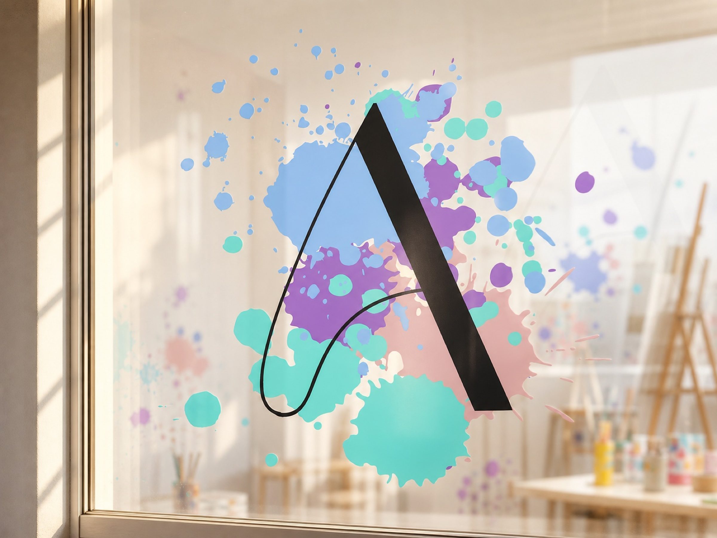 The mark cut as window vinyl, the studio's easels and paint table blurred just behind the glass.