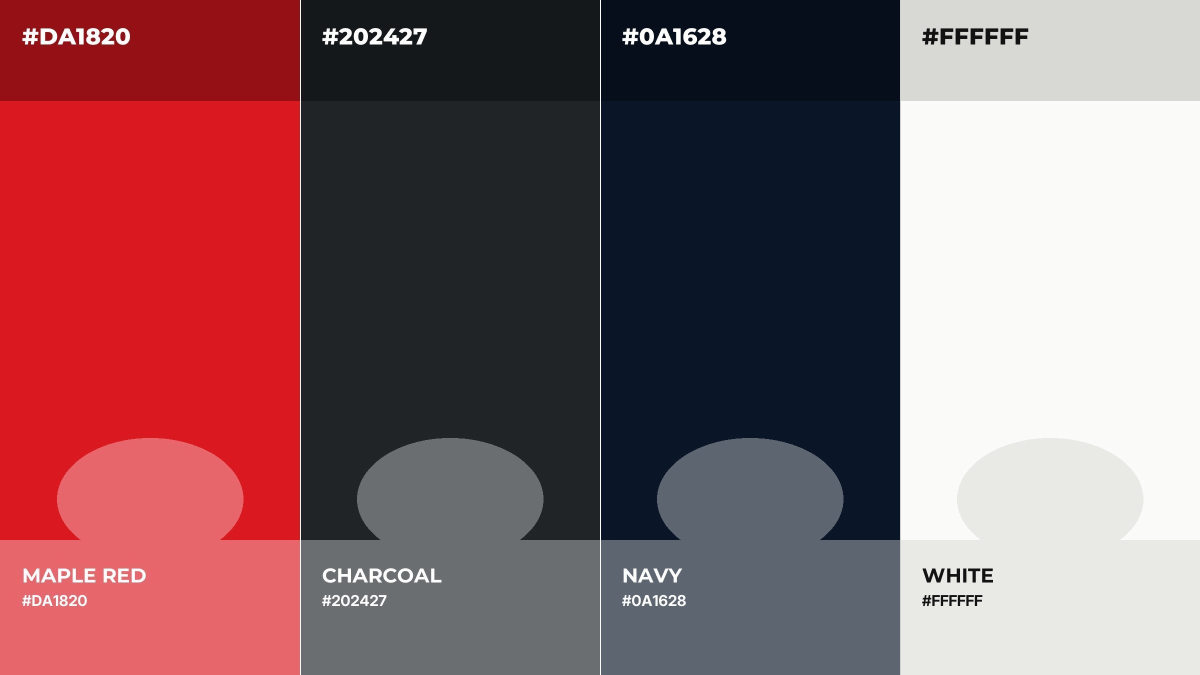 The working palette, sampled from the brand files themselves — maple red, charcoal, navy, white.