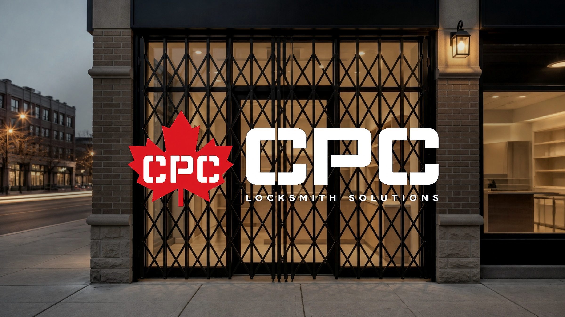 Sign-scale over the storefront gate it protects.