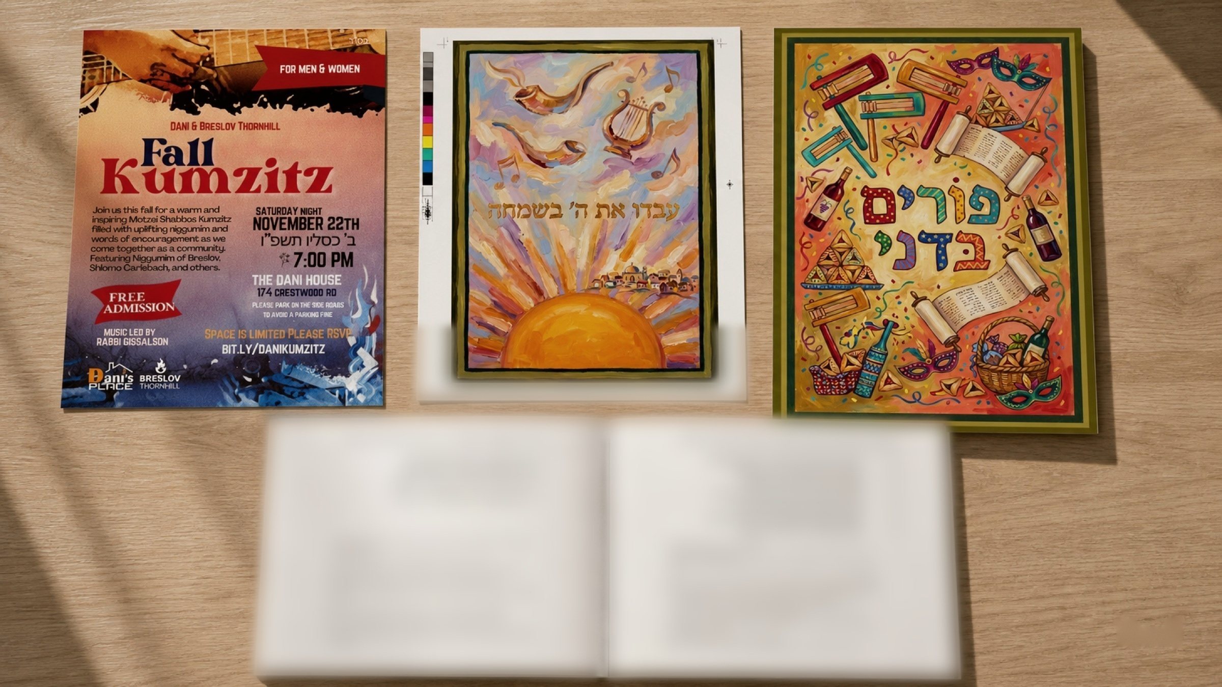 A year of DANI's print work laid out together — Kumzitz, Purim, and the Tehilim handout, Hebrew and English side by side.