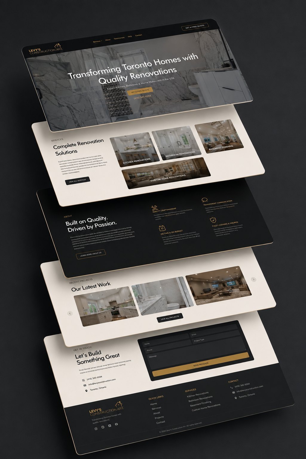 The site laid out screen by screen — hero, services, about, projects, contact, in one stack.