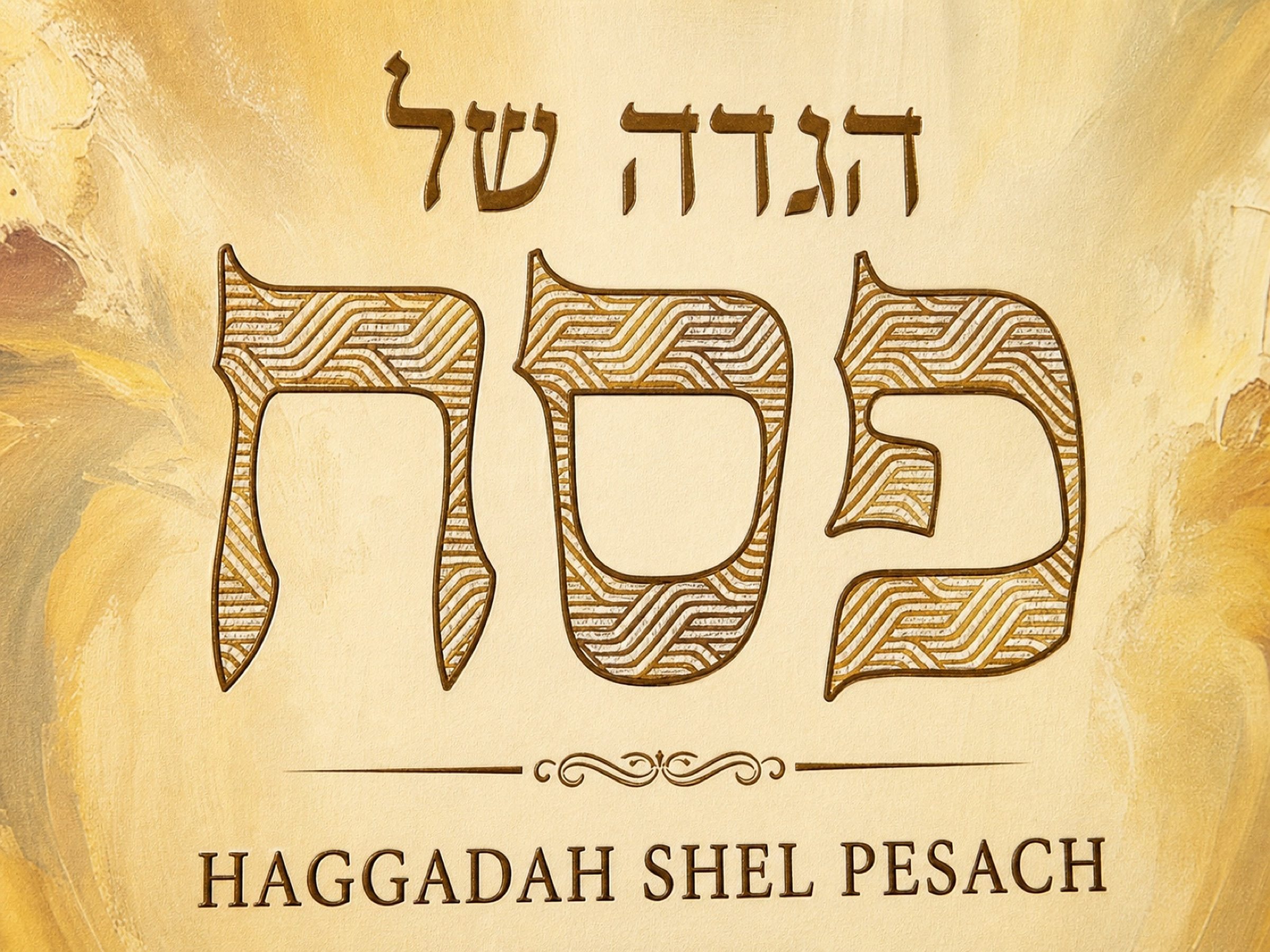 הגדה של פסח — the Haggadah's title, embossed gold into the cover's own painted artwork.