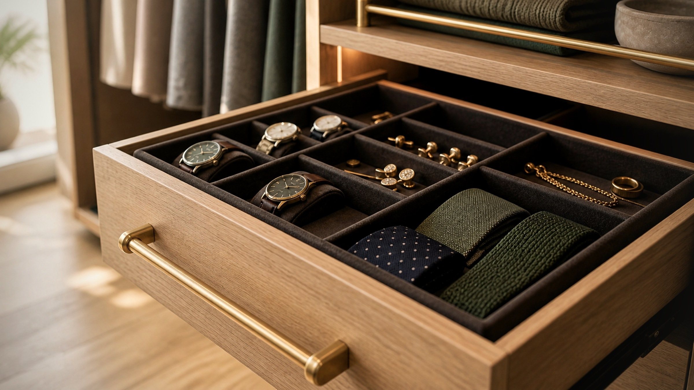 A fitted jewelry drawer — the kind of small-scale detail that separates a Space Age build from an off-the-shelf one.