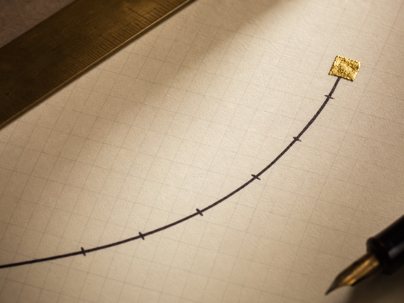 A rising curve drawn in ink on graph paper, its endpoint marked in gold leaf